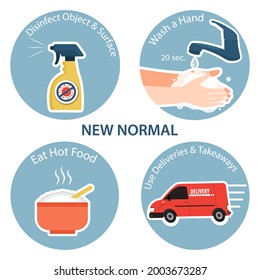 New normal lifestyle concept. after the coronavirus or covid-19 causing the way of life. Disinfect Object and Surface, Wash a Hand, Eat Hot Food, Use Delivery and Takeaways infographic template vector