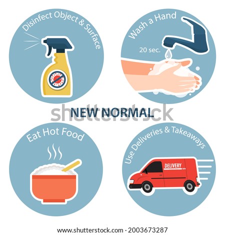 New normal lifestyle concept. after the coronavirus or covid-19 causing the way of life. Disinfect Object and Surface, Wash a Hand, Eat Hot Food, Use Delivery and Takeaways infographic template vector