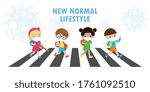 new normal lifestyle concept Back to school happy cute diverse Kids  across the crosswalk and Students of Different nationalities wearing medical masks during Coronavirus or covid-19 Social distancing