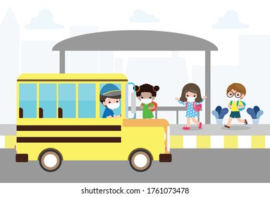 new normal lifestyle concept Back to school, happy cute diverse Kids and Different nationalities wearing medical masks at the bus stop during Coronavirus or covid-19. Social distancing, outbreak