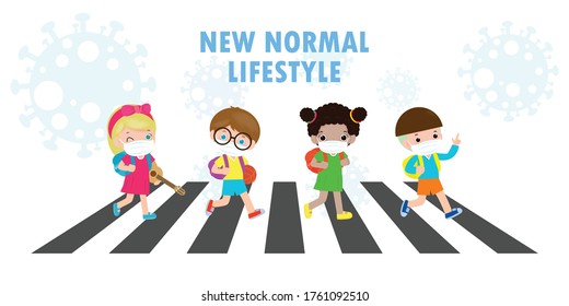 new normal lifestyle concept Back to school happy cute diverse Kids  across the crosswalk and Students of Different nationalities wearing medical masks during Coronavirus or covid-19 Social distancing