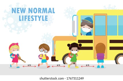 new normal lifestyle concept Back to school, happy cute diverse Kids and Different nationalities wearing medical masks at the bus stop during Coronavirus or covid-19. Social distancing, outbreak