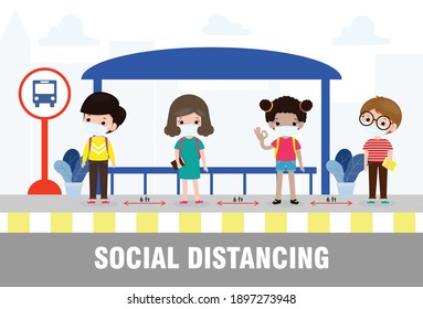 new normal lifestyle concept Back to school, happy cute diverse Kids and Different nationalities wearing medical masks at the bus stop during Coronavirus or covid-19. Social distancing, outbreak