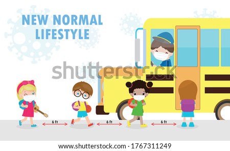 new normal lifestyle concept Back to school, happy cute diverse Kids and Different nationalities wearing medical masks at the bus stop during Coronavirus or covid-19. Social distancing, outbreak