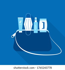 New normal lifestyle concept in bag must have items to preventions coronavirus disease with alcohol spray, hand gel, face mask and tissue paper.