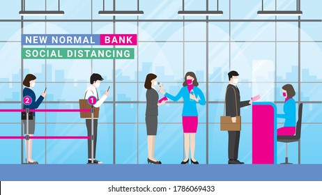 New normal lifestyle concept .Bank entrance after pandemic. People stand apart at queue line number for temperature and hand sanitizer checkpoint. Protection is social distance and wearing mask.