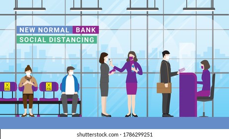 New normal lifestyle concept. Bank service after pandemic. People sitting apart at waiting seat. Prevention is social distance, wearing mask, temperature check, hand sanitizer. Re-opening for business