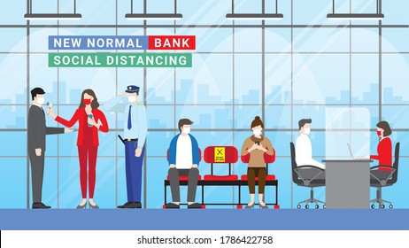 New normal lifestyle concept. Bank entrance service after pandemic. Security guard and officer at temperature checkpoint and hand sanitizer. Prevention is wearing mask and sitting apart waiting seats.