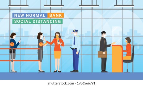 New normal lifestyle concept. Bank entrance service after pandemic. Security guard and officer at temperature checkpoint and hand sanitizer. Prevention is wearing mask and stand apart waiting queue.