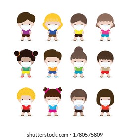 new normal lifestyle concept, Coronavirus 2019-nCoV or Covid-19 disease prevention concept with big group of cute kids boy and girl wearing face mask isolated on white background vector illustration