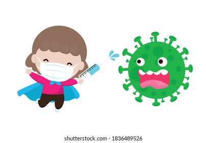 new normal lifestyle concept coronavirus (2019-nCoV), cartoon character super hero attack COVID-19 ,children and Protection Against Viruses and Bacteria, Healthy lifestyle concept isolated vector