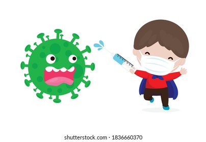 new normal lifestyle concept coronavirus (2019-nCoV), cartoon character super hero attack COVID-19 ,children and Protection Against Viruses and Bacteria, Healthy lifestyle concept isolated vector