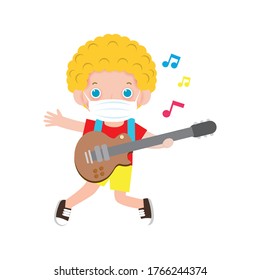new normal lifestyle concept cute kid playing guitar and wearing a surgical protective Medical mask for prevent coronavirus or covid 19. Musical performance. isolated vector Illustration isolated