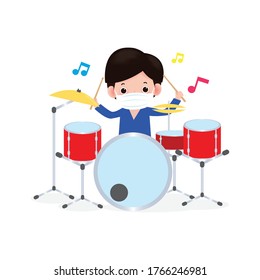 new normal lifestyle concept cute kid playing drums and wearing a surgical protective Medical mask for prevent coronavirus or covid 19. Musical performance. isolated vector Illustration isolated