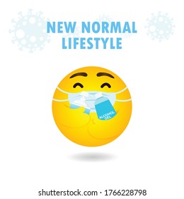 New Normal Lifestyle Concept Emoji Emoticon Wearing Face Mask Hugging Alcohol Gel And Hand Wash Gel Protect Coronavirus 2019 NCoV Or Covid-19, Yellow Cartoon Emotion On White Background