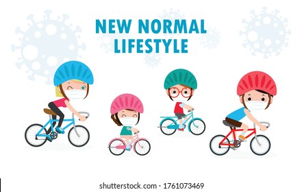 New Normal Lifestyle Concept Happy Cute Diverse Family Riding Bikes Wearing Medical Masks During Coronavirus Or Covid-19 Social Distancing Sport Family Vector Illustration Isolated On White Background