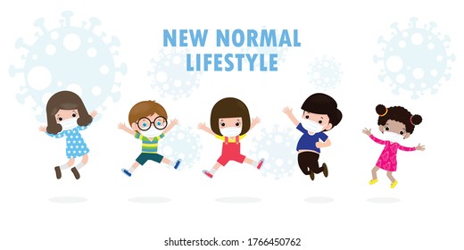 new normal lifestyle concept. happy group diverse Kids and Different nationalities kids jumping wearing face mask protect corona virus or covid 19, group of children and friends at outdoor isolated 