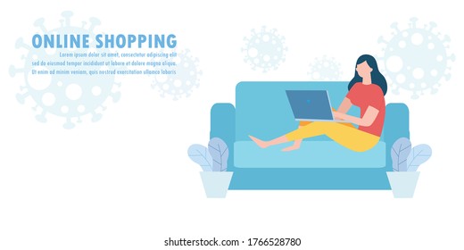 new normal lifestyle concept, Online shopping on website and social media, Ecommerce on mobile application Social distance effect of coronavirus covid-19 outbreak Shop and store vector illustration. 