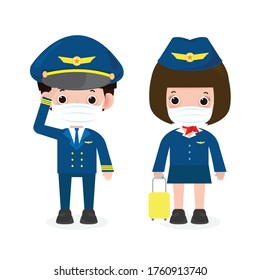 new normal lifestyle concept. pilot and stewardess wearing face mask protect coronavirus covid-19, officers and flight attendants pilot and air hostess isolated on white background vector illustration