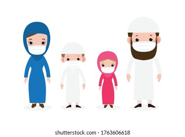 new normal lifestyle concept. set of happy Muslim family in national dress, wearing face mask protect coronavirus covid-19, cute cartoon style isolated on white background Vector illustration