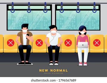 New normal lifestyle concept. Social distancing in BTS sky train. Passenger wearing medical mask sit keeping distance to protect from COVID-19 coronavirus spreading. vector illustration.