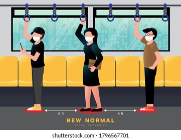 New normal lifestyle concept. Social distancing in BTS sky train. Passenger wearing medical mask stand keeping distance to protect from COVID-19 coronavirus spreading. vector illustration.
