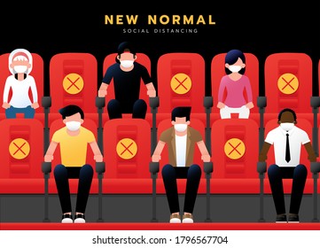 New normal lifestyle concept. social distancing in cinema theatre. Audiences wearing medical mask and keeping distance to protect from COVID-19 coronavirus spreading. vector illustration.