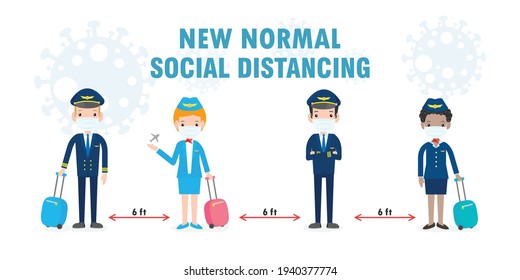 new normal lifestyle concept. social distancing, pilot and stewardess wearing face mask protect coronavirus covid-19, officers and flight attendants pilot and air hostess isolated on white background 