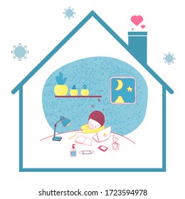 New normal lifestyle concept,After Corona virus outbreak,Quarantine at home concept,Cute character sleep after tired from work,rosy cheek,Pink cheek,vector illustration for graphic design or website 