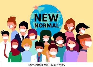 New normal lifestyle concept,After Corona virus outbreak,New normal lettering on world map on yellow background,people wearing medical mask,Cute character,Pink cheek,vector illustration for graphic