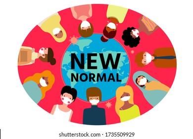 New normal lifestyle concept,After Corona virus outbreak,New normal lettering on world map on Red background,people wearing medical mask,Cute character,Pink cheek,vector illustration for graphic