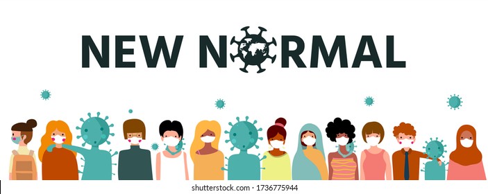 New normal lifestyle concept,After Corona virus outbreak,New normal lettering and world map on purple background,people wearing medical mask,Cute character,Pink cheek,vector illustration for graphic