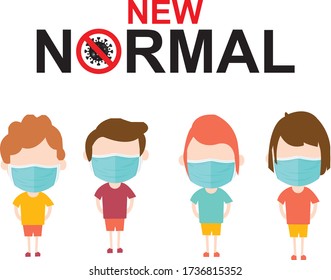 New normal lifestyle concept,After Corona virus outbreak,New normal lettering and world map on purple background,people wearing medical mask,Cute character,Pink cheek,vector illustration for graphic