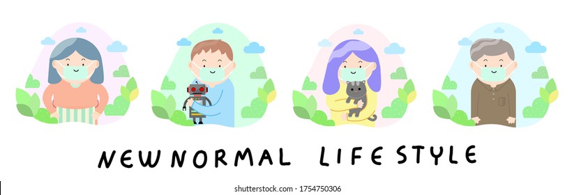 New normal lifestyle concept,After Corona virus outbreak,New normal Lifestyle text background,people wearing medical mask,Cute character,cartoon,family wearing mask,Trees,color background, flat design