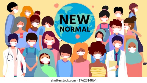 New normal lifestyle concept,After Corona virus outbreak,New normal lettering on world map on yellow background,people wearing medical mask,Cute character,Pink cheek,vector illustration for graphic