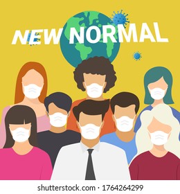 New normal lifestyle concept,After Corona virus outbreak,New normal lettering on world map on yellow background,people wearing medical mask,Cute character,Pink cheek,vector illustration for graphic