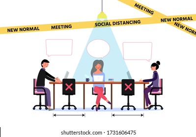 New normal lifestyle concept,After Coronavirus outbreak,New behavior of people. Cute character sit on chair and keep distancing,Meeting or business deal. Pink cheek, vector for graphic design, web banner.