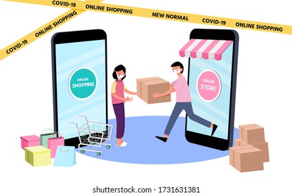 New normal lifestyle concept,After Coronavirus outbreak,New behavior of people,
Cute character Sending product,Online shopping,Meeting or business deal,Pink cheek,vector for graphic design,web banner