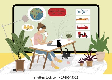 New normal lifestyle concept.After the Coronavirus causing life change,Woman working at home for online business like an exchange rate,selling tour, travel, tourism and Express deliver 24h 7 days