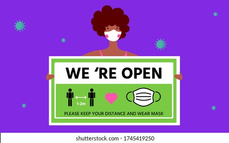 New normal lifestyle concept,After outbreak,After COVID-19 or coronavirus causing the way of life of human to change,Pink cheek character holding a sign we're open,sign say wear mask and keep distance