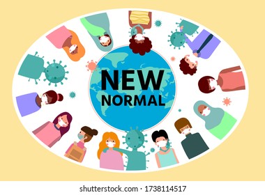 New normal lifestyle concept,After outbreak,People living together with the coronavirus "COVID-19" on yellow background and wear medical mask,Cute character,Pink cheek,vector illustration for graphic 