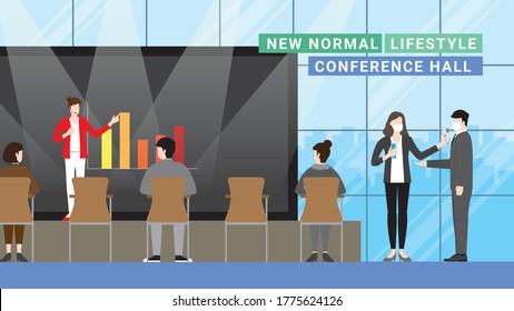 New normal lifestyle in conference hall concept. Business presentation. Social Distancing by people sitting apart and listen to the speaker. Thermal checkpoint and hand sanitizing at entrance.