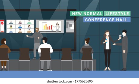 New normal lifestyle in conference hall concept. Technology presentation. Social Distancing by people sitting apart and listen to the speaker. Thermal checkpoint and hand sanitizing at entrance.