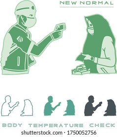 NEW NORMAL lifestyle in green silhouette of body temperature check illustrations with people wearing medical masks