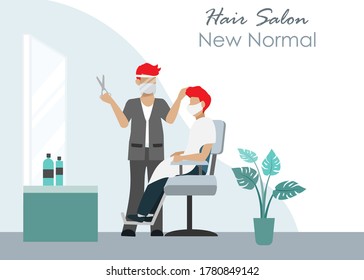 New normal lifestyle of hair salon, beauty salon or barber shop  concept. Hairdresser and customer wear face mask, keep social distaning to protect from COVID-19 coronavirus.