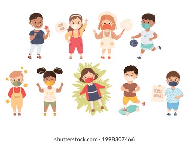 New Normal Lifestyle with Happy Kids Wearing Face Mask Engaged in Different Activities Vector Set