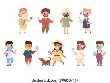 New Normal Lifestyle with Happy Kids Wearing Face Mask Engaged in Different Activities Vector Set