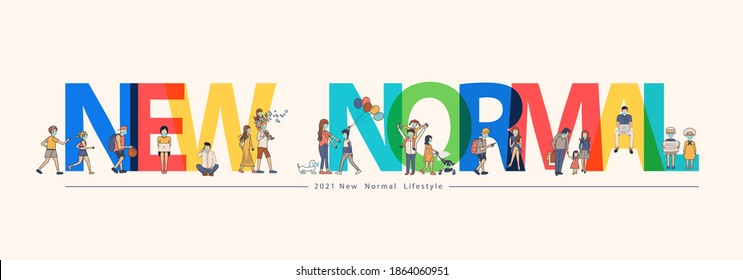 New normal lifestyle ideas concept. With people wearing mask in flat big letters design. Vector illustration modern layout template