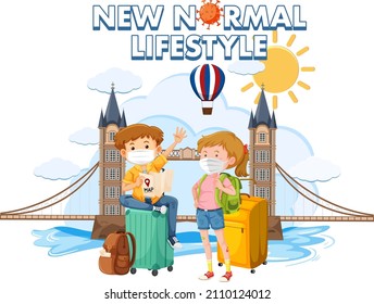 New normal lifestyle logo with couple tourist wearing mask illustration