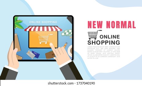 New Normal Lifestyle Online shopping concept , with  Tablet on blue backgrounds , vector illustrations EPS 10